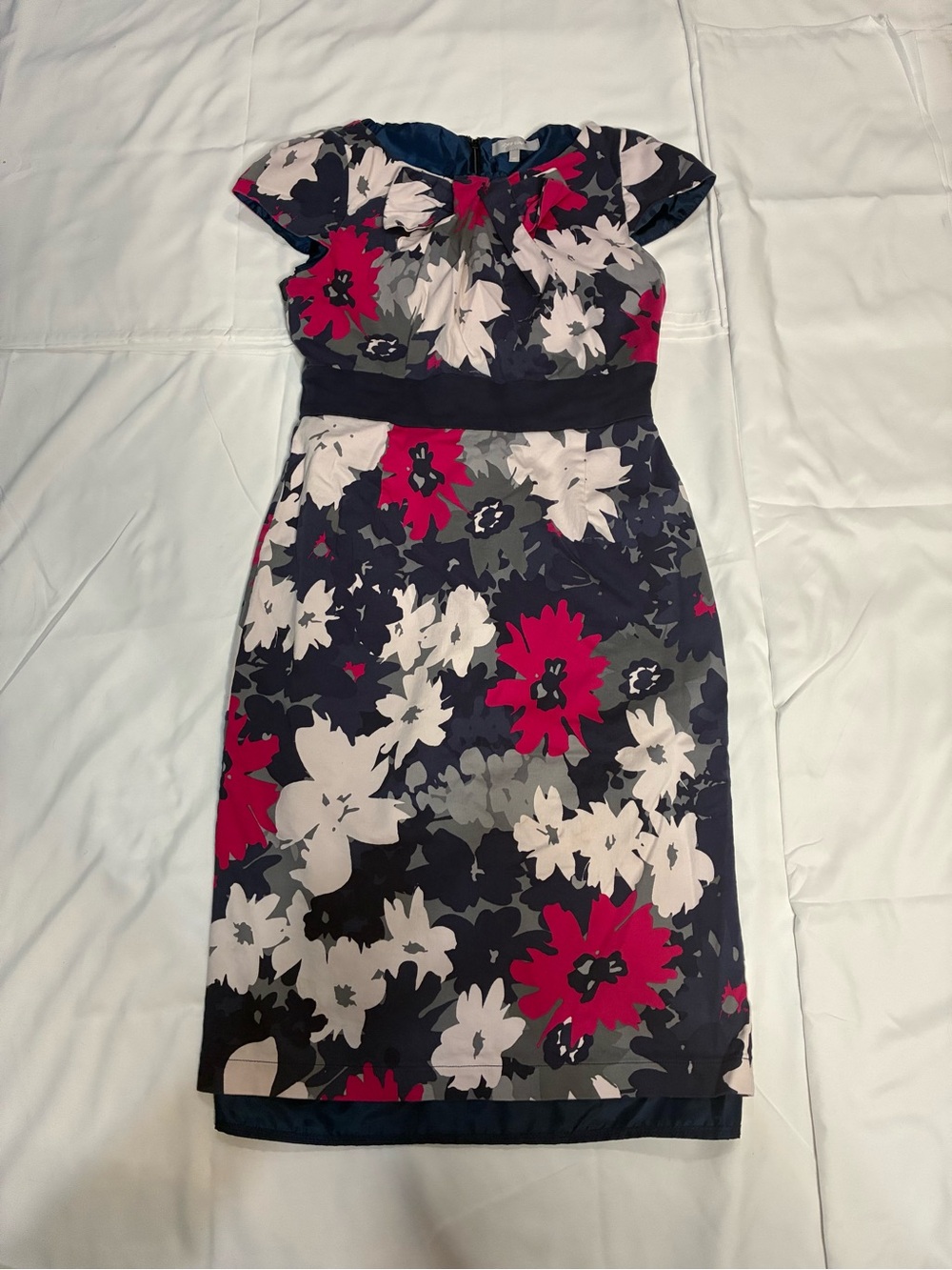 Per Una M&S Floral Pencil Dress Size 10 Navy Pink Bow Waist Midi Sheath